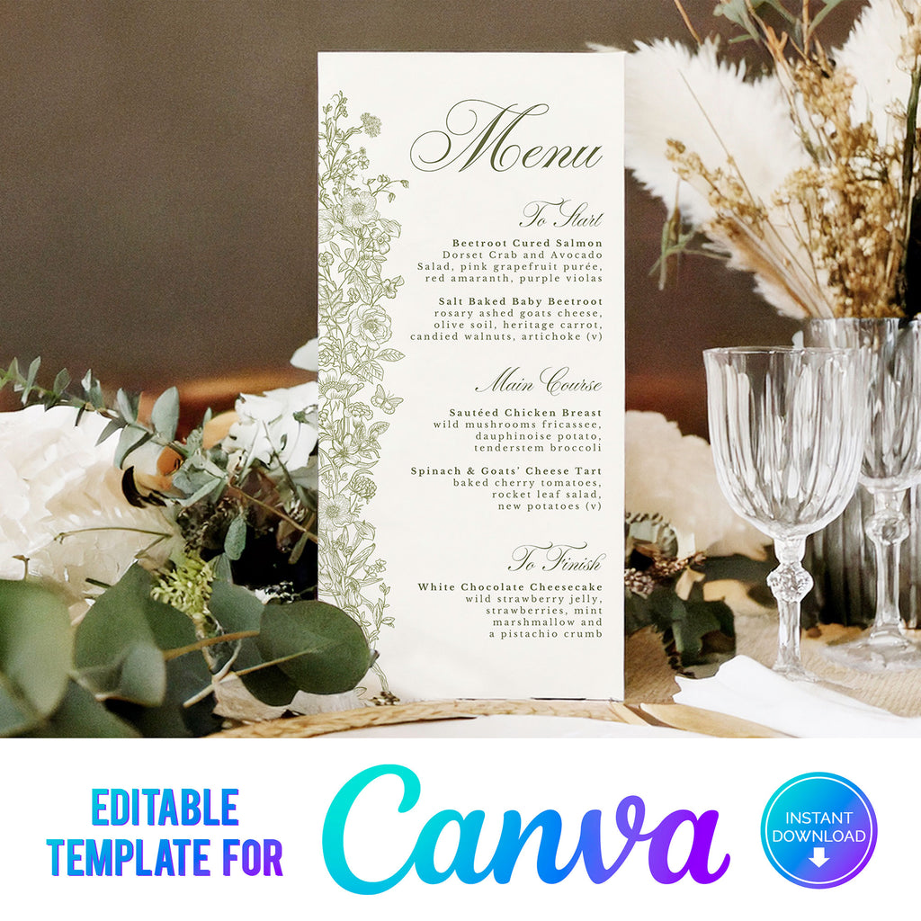digital download for a wedding menu featuring green foliage and wildflowers