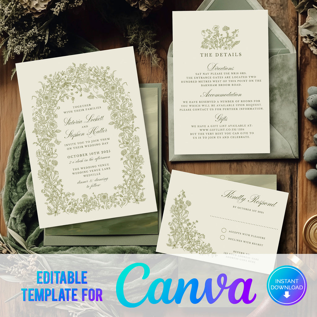 digital download wedding stationery with delicate green foliage and wildflowers 