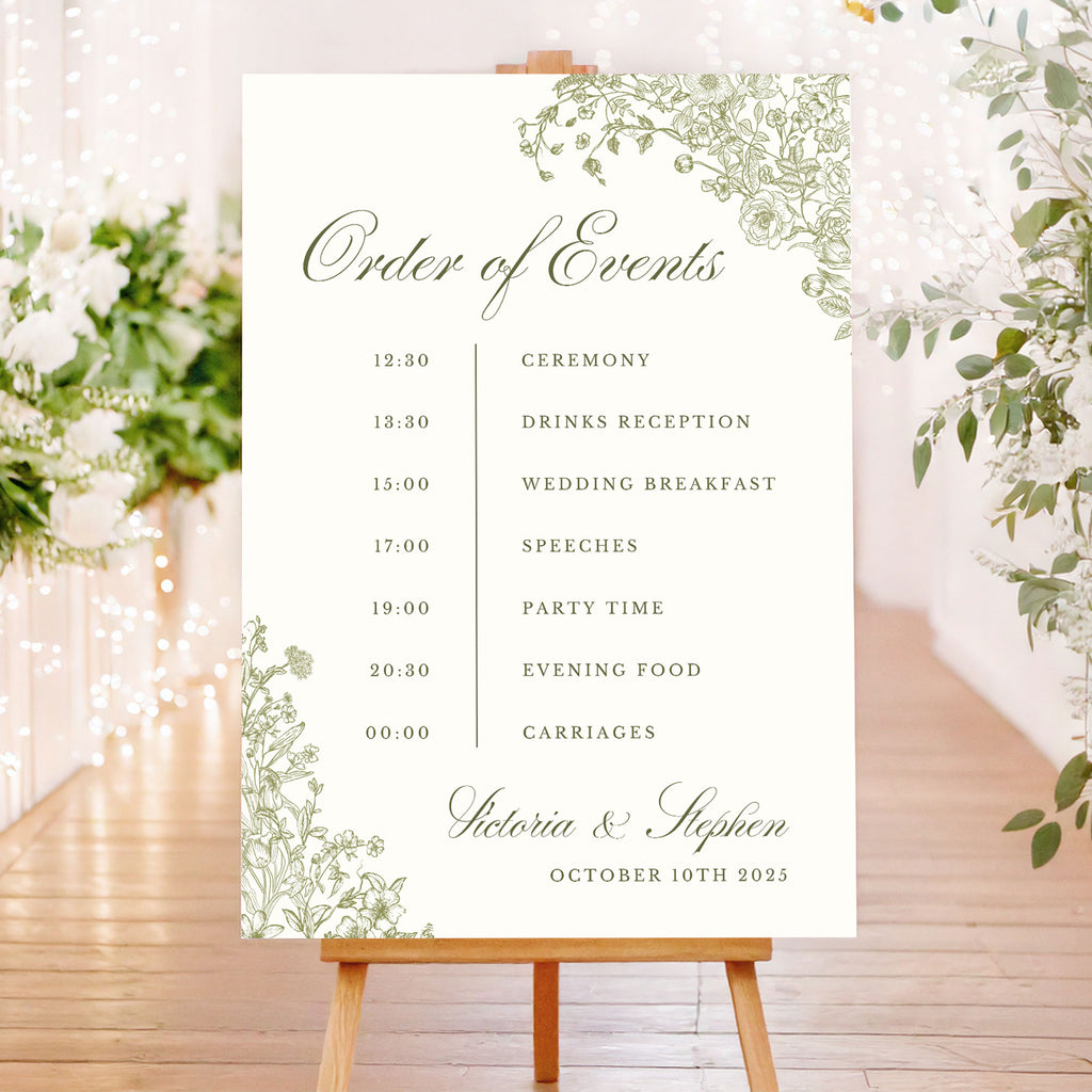 wedding order of events with timeline featuring green foliage and wildflowers