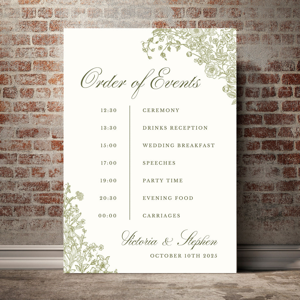 wedding order of events with timeline featuring green foliage and wildflowers
