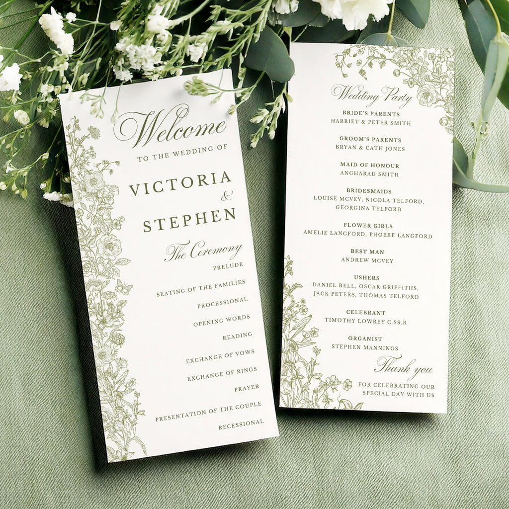 wedding programme featuring green foliage and flowers. Elegant green text