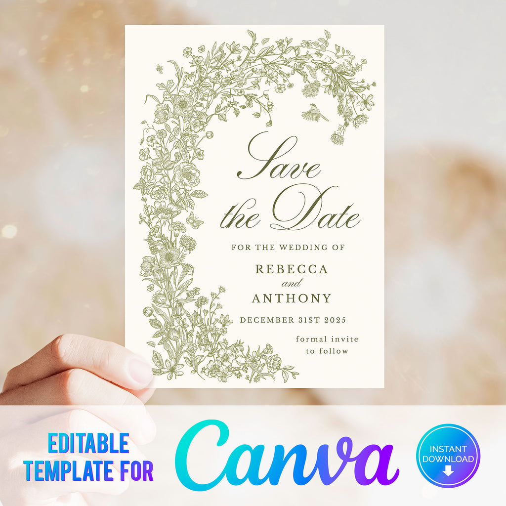digital download wedding save the date with green wildflowers and elegant text