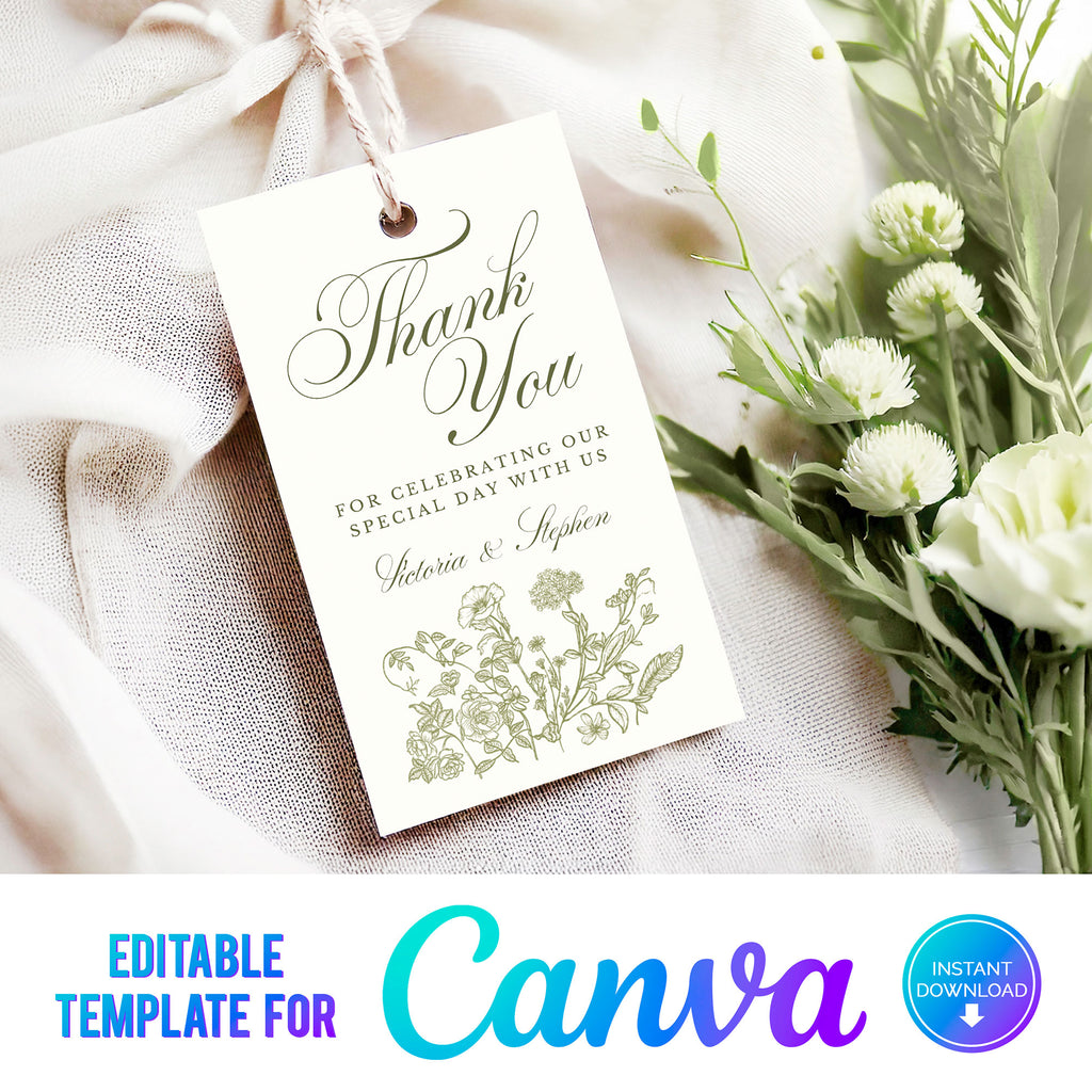 wedding favour tag with elegant green florals