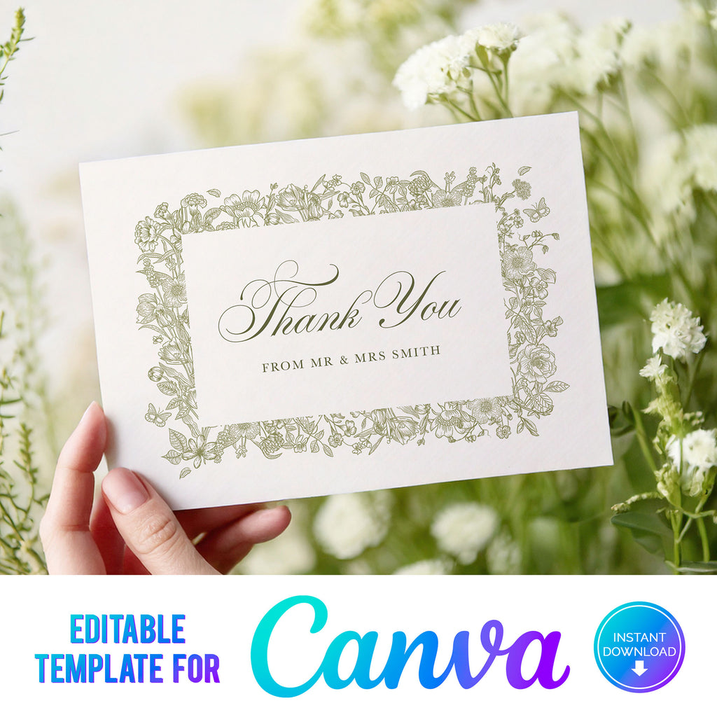 wedding thank you card with elegant green flowers