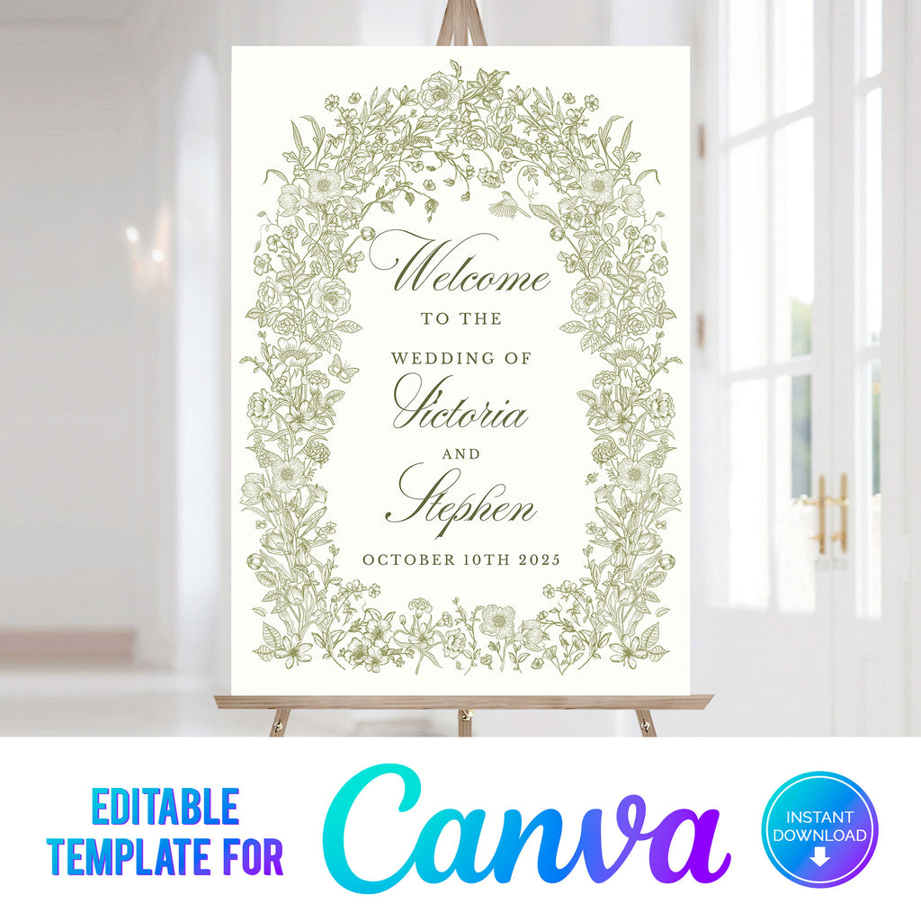 Digital Download of wedding welcome sign featuring green foliage and wildflowers in a floral arch around the elegant text