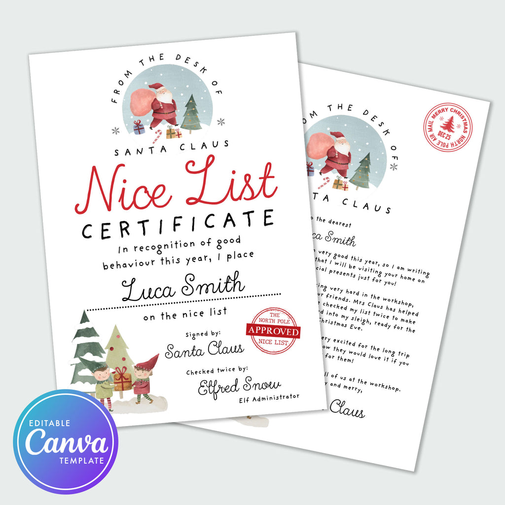 Letter from Santa Claus and nice list certificate with cute illustrations of elves and santa