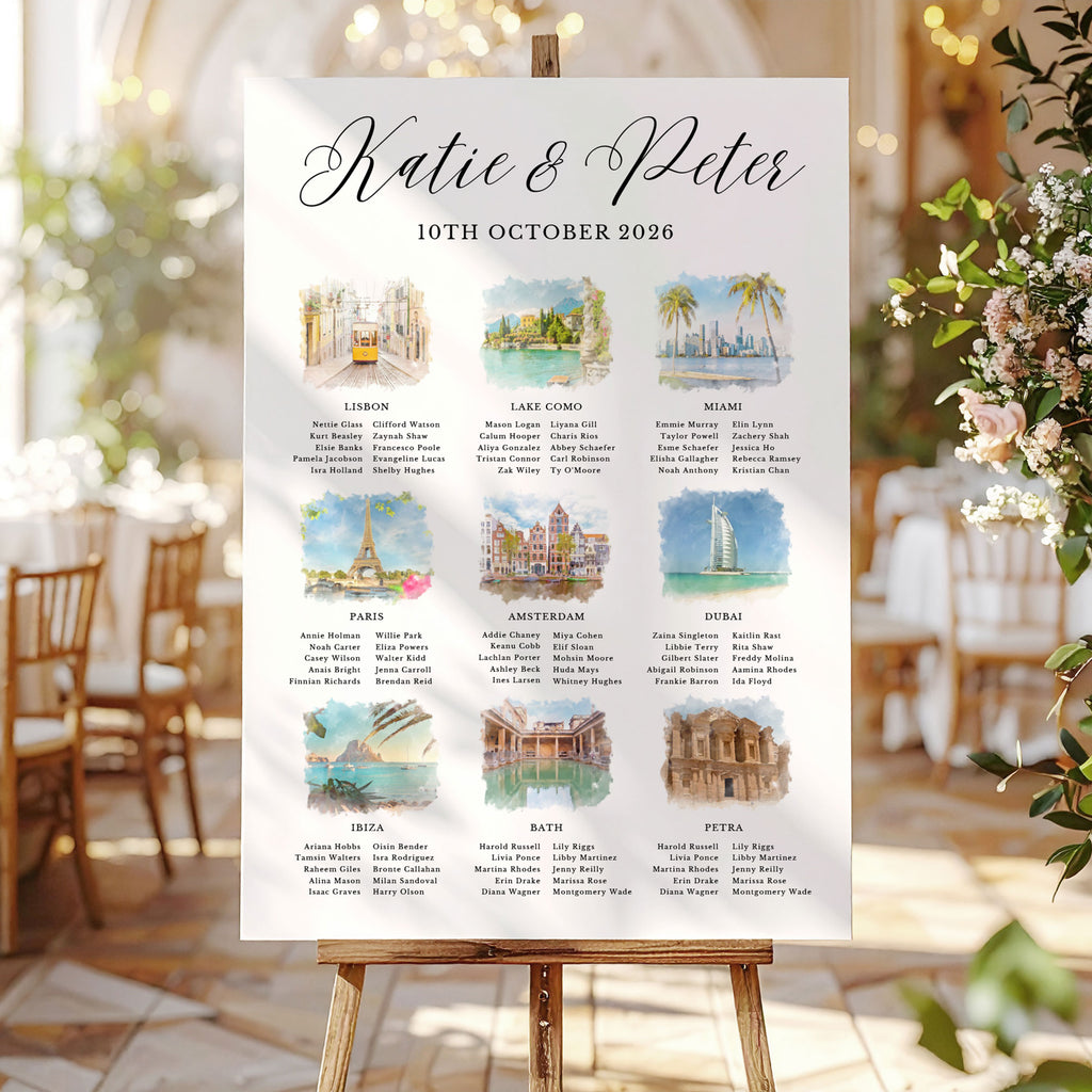 wedding table plan with watercolour travel destinations