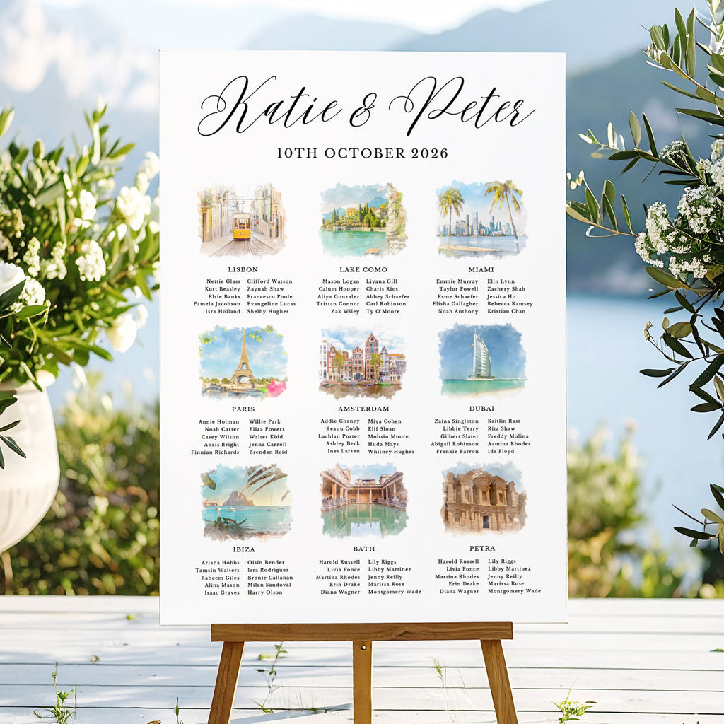 wedding table plan with watercolour travel destinations 
