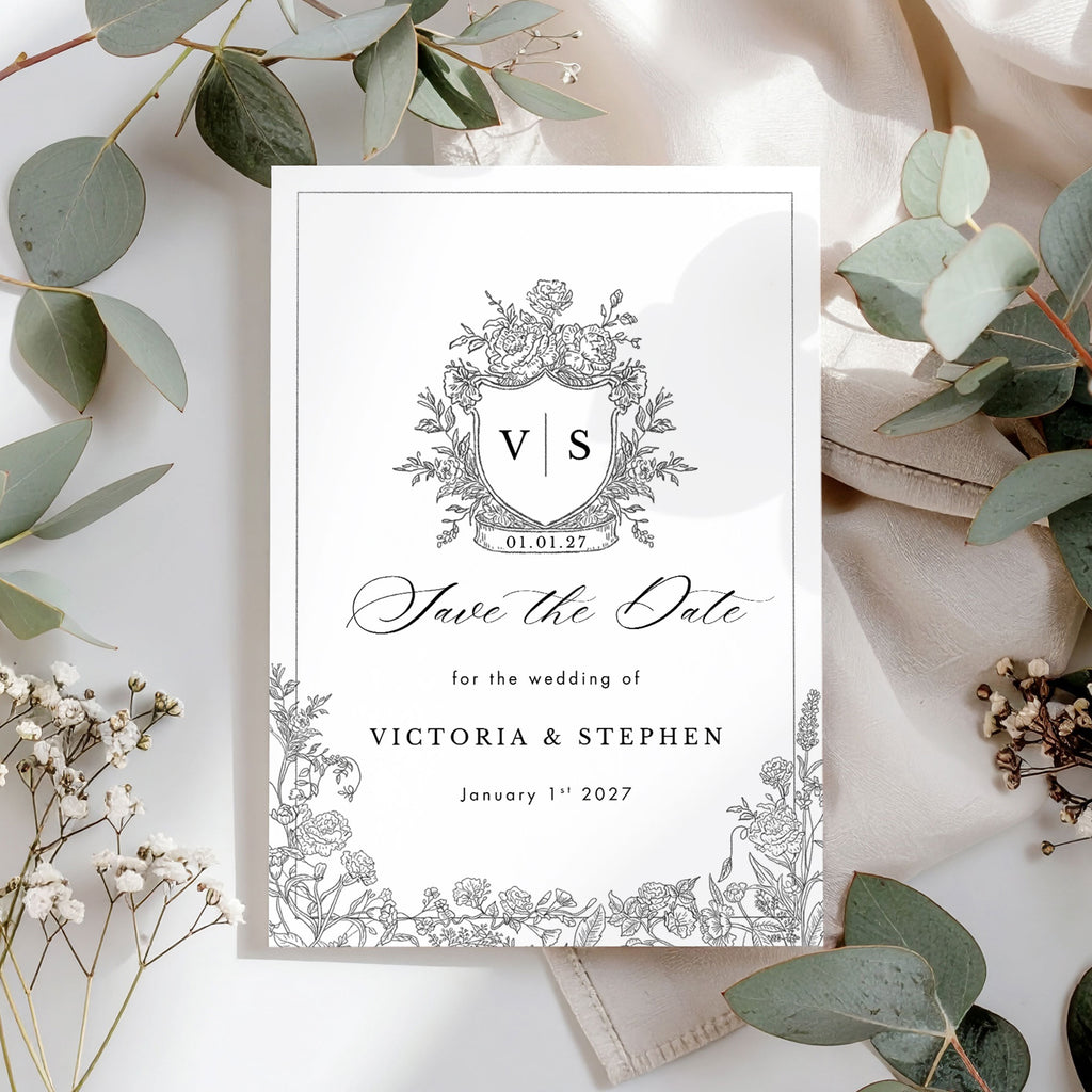 save the date with black and white wedding emblem