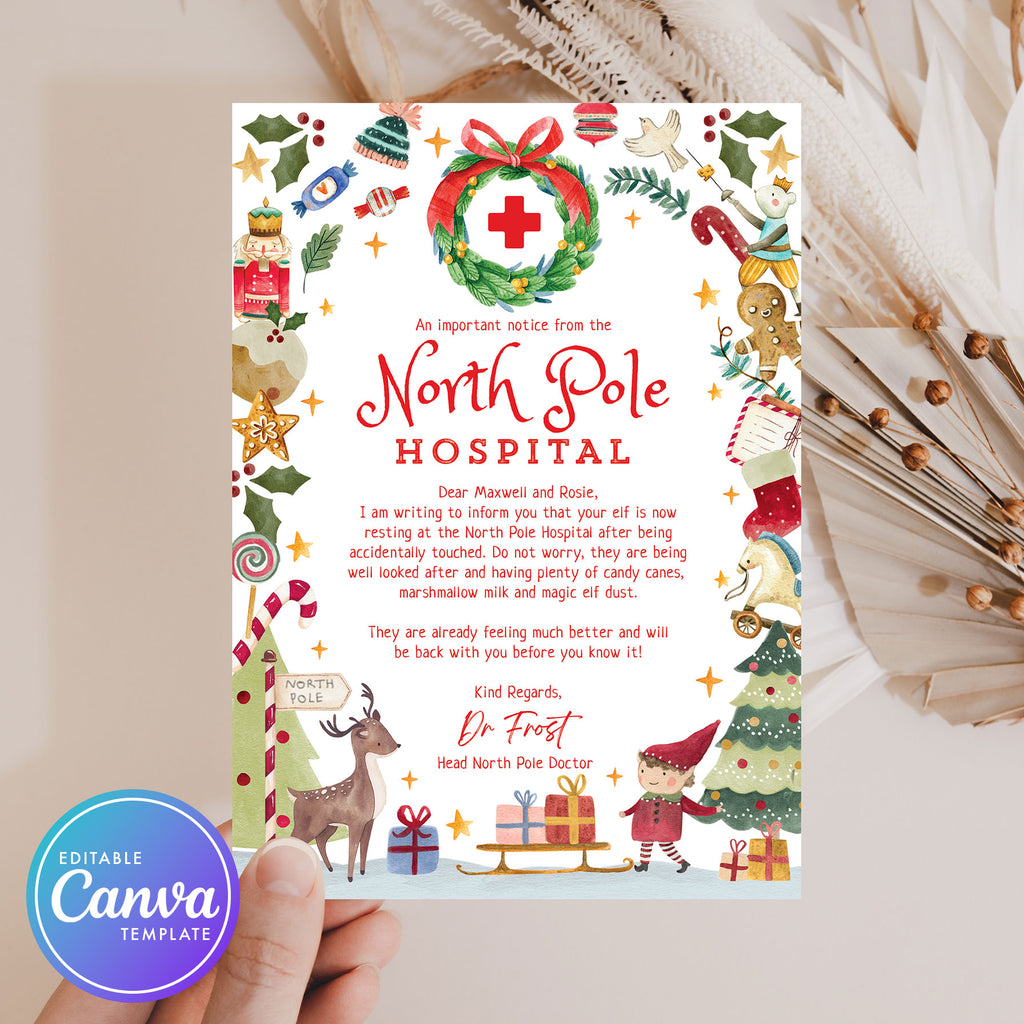 Christmas-themed letter from the North Pole Hospital with festive illustrations.