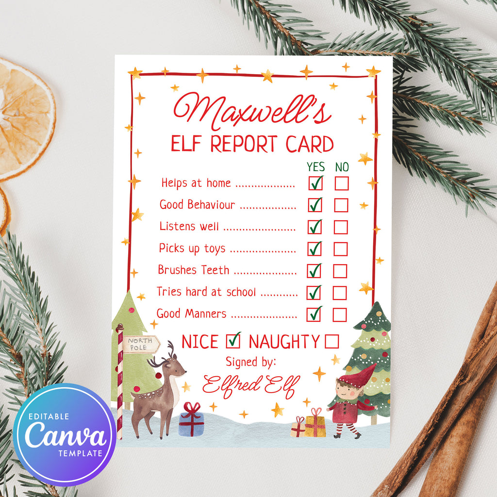 Elf report card template with Christmas-themed design for Elf on the shelf