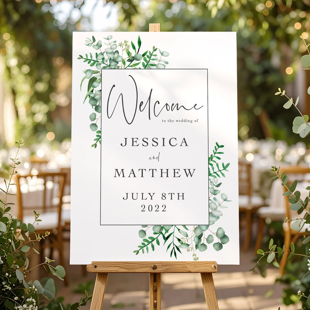 Wedding welcome sign with greenery and eucalyptus