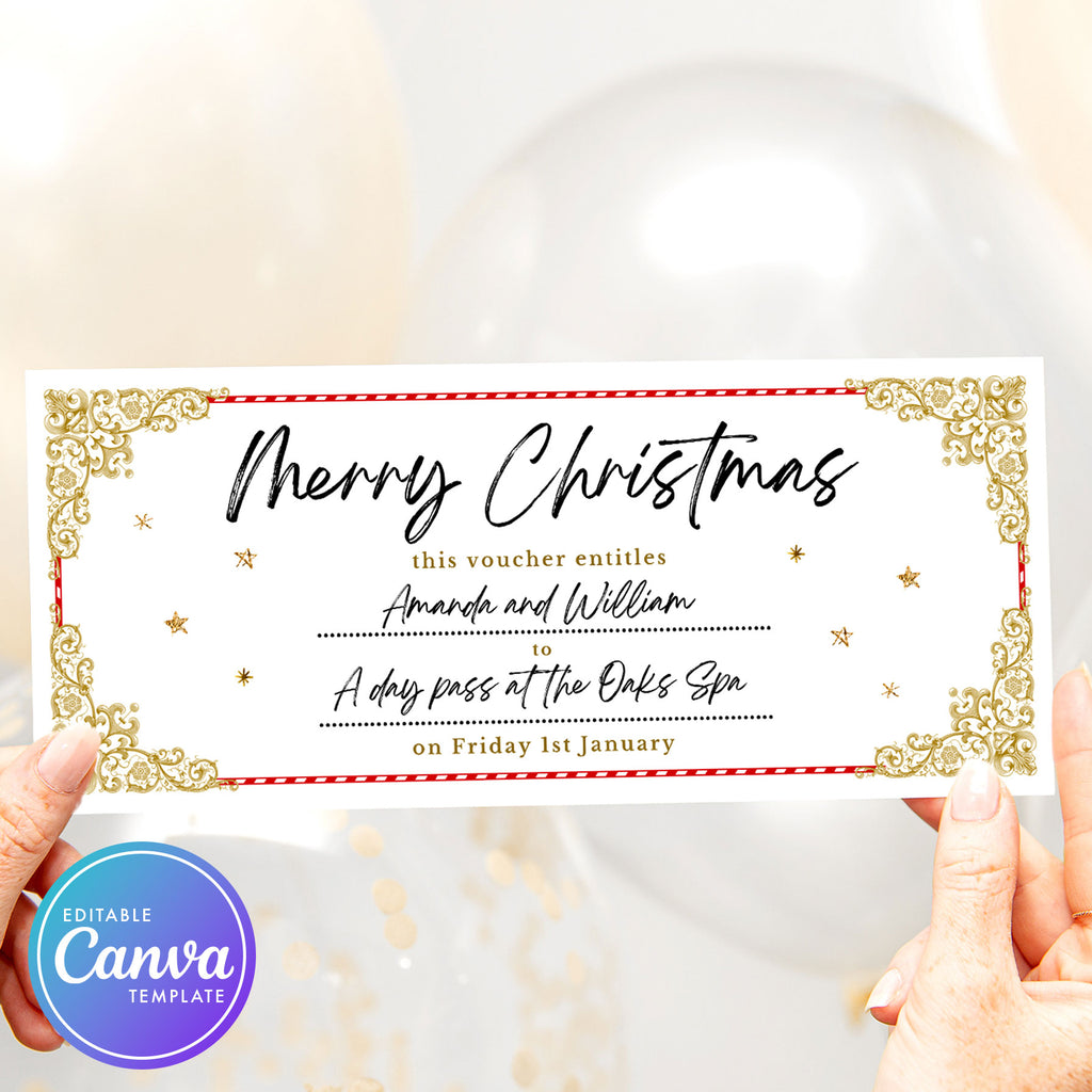 printable christmas gift voucher with gold corners and stars 