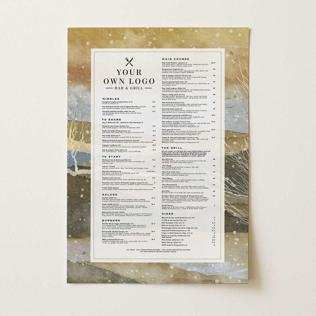 winter restaurant menu with a gold background and snow