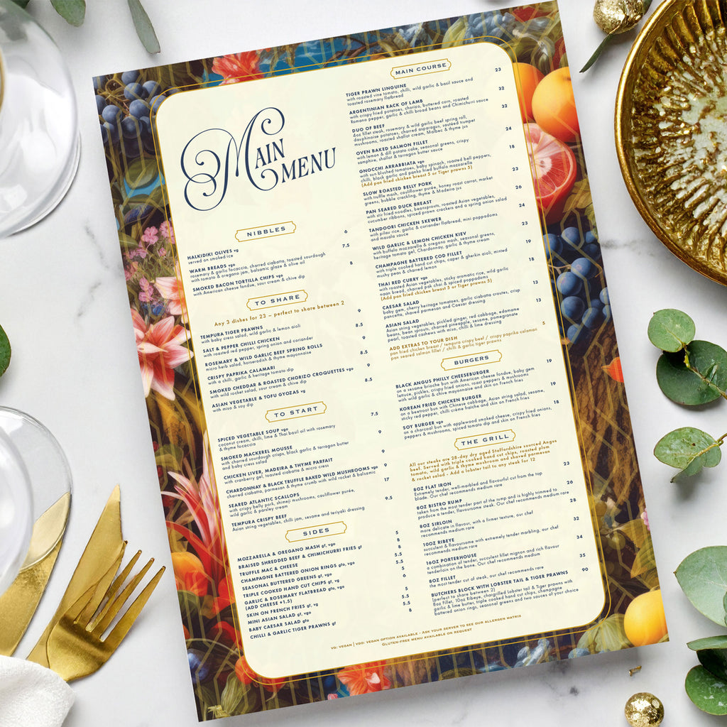 restaurant menu design with a vintage feel featuring colourful fruits