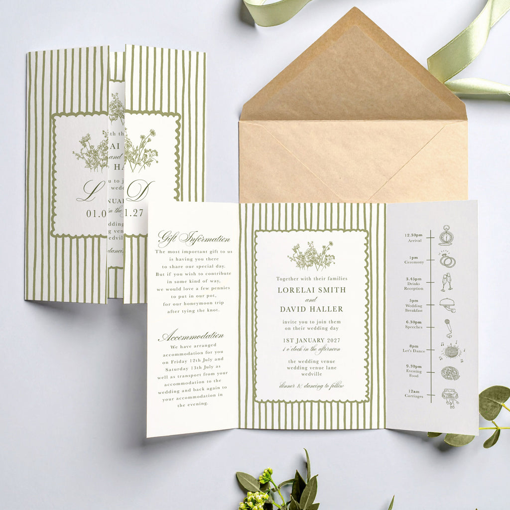 wedding gatefold invitation with sage green stripes and wildflowers