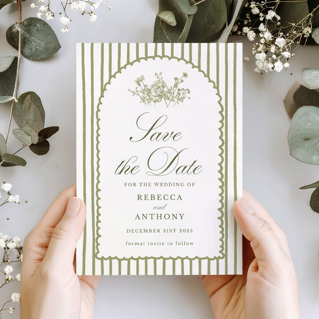 save the date card with sage green stripes and wildflowers
