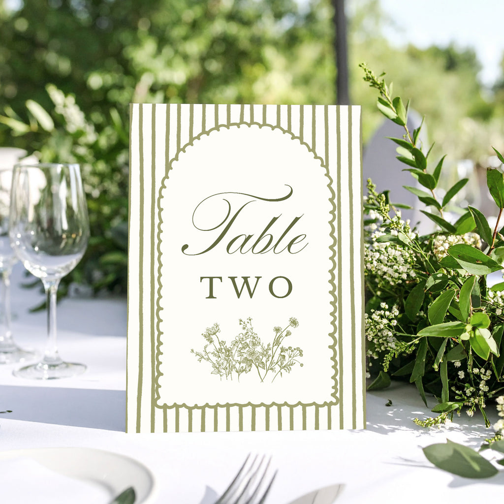 wedding table number with sage green stripes and wildflowers