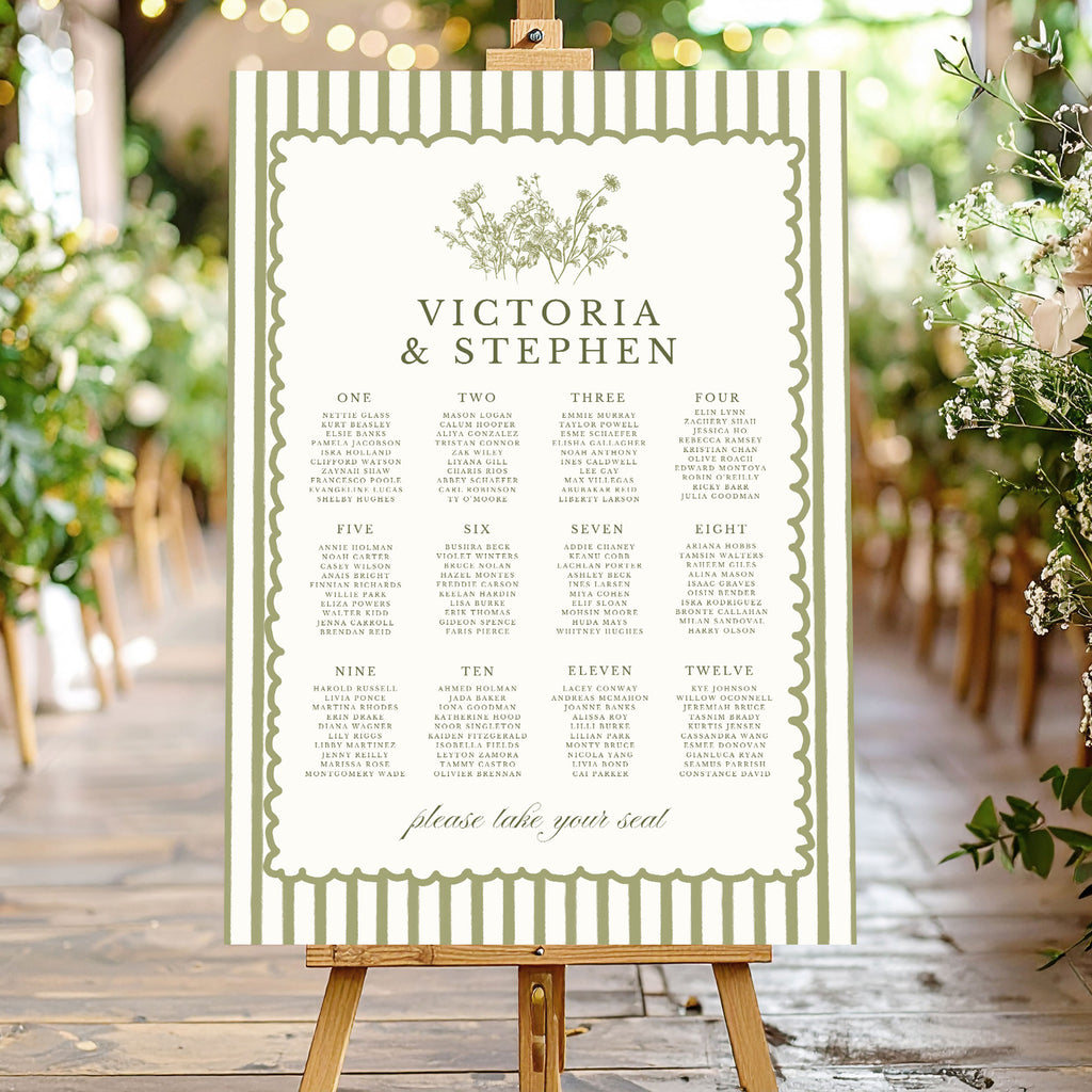 wedding table plan with sage green stripes and wildflowers