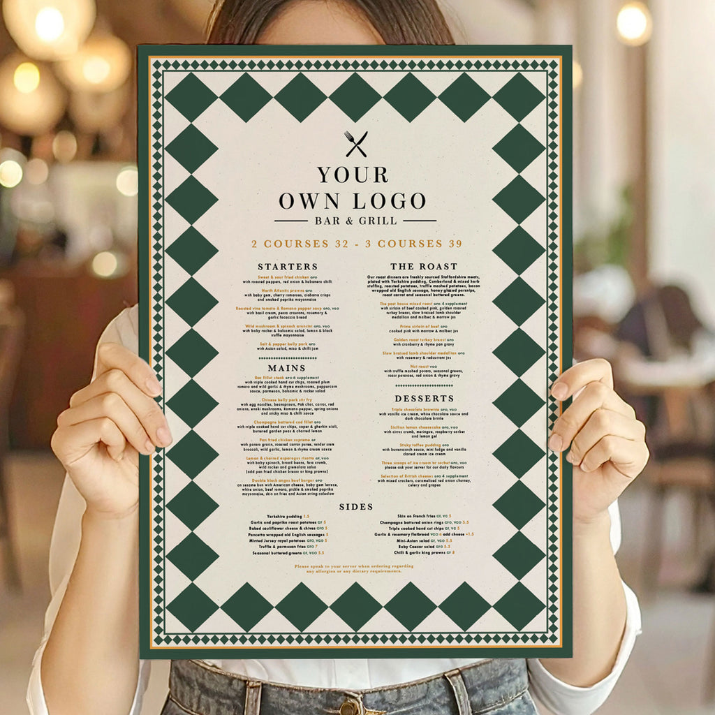 restaurant menu with green checks and gold details