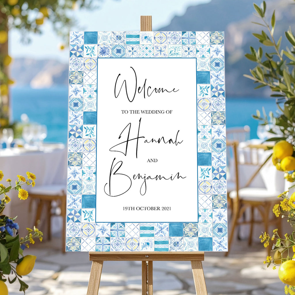 Wedding welcome sign with decorative Mediterranean Tiles Border in blue and yellow