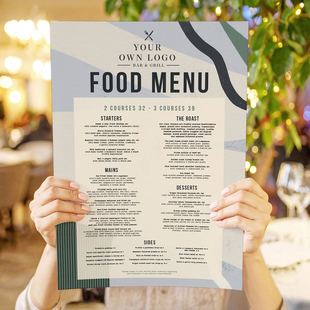 restaurant menu with a modern abstract design in green and blue