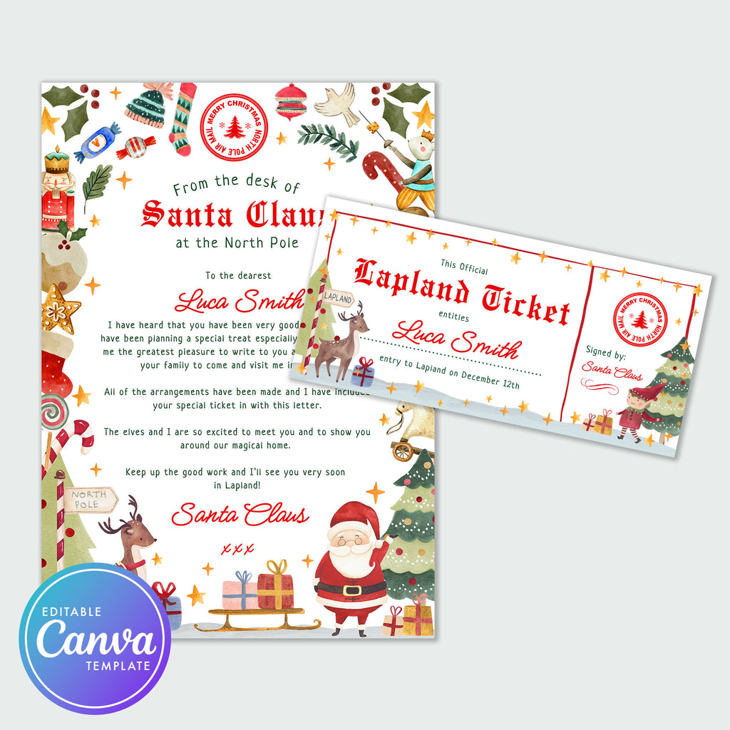 letter from santa and lapland ticket with a colourful border
