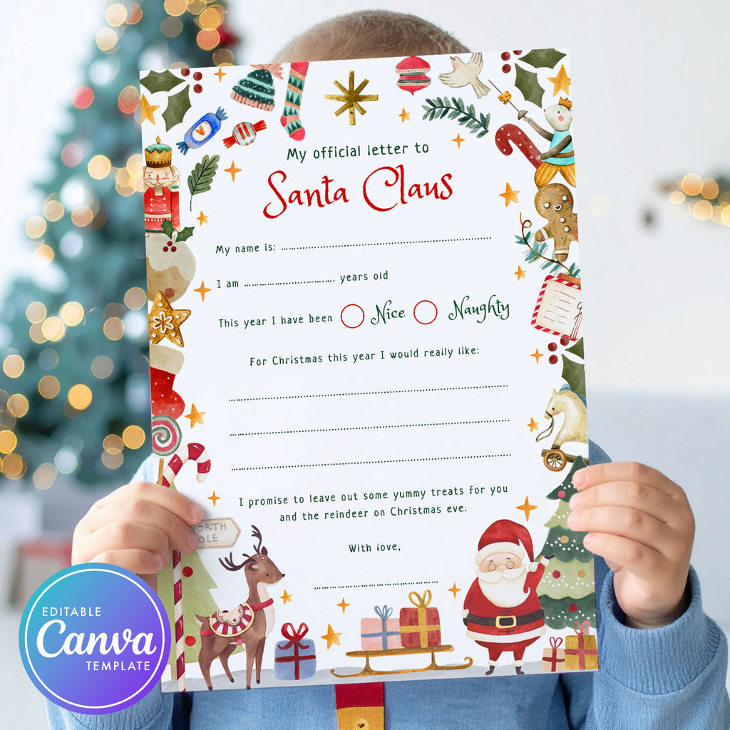 letter to santa with a colourful border with santa and reindeers