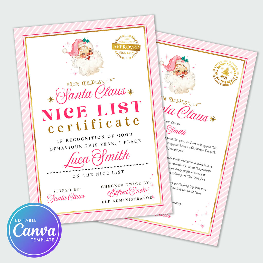 pink letter from santa claus and nice list certificate 