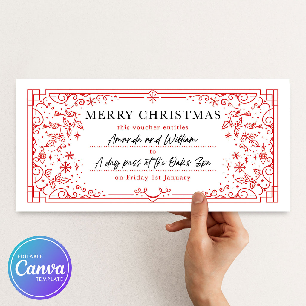 printable christmas gift voucher with a festive red border