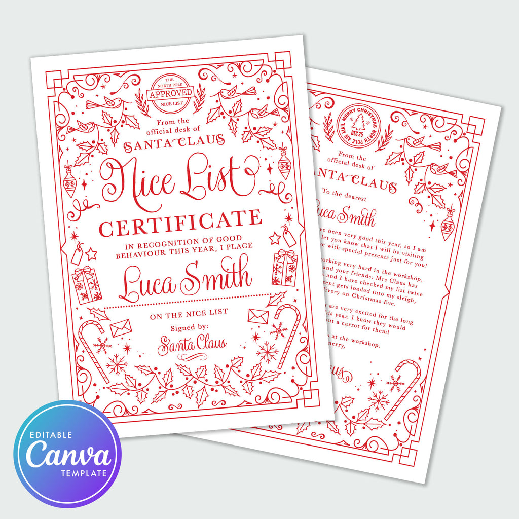 letter from Santa Claus and Nice List certificate in a festive red hand drawn border