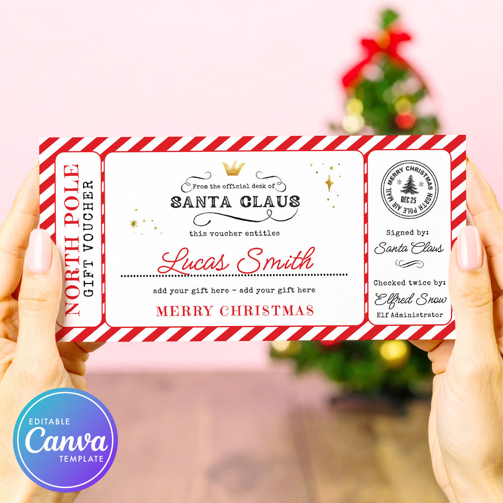 Santa Claus gift voucher with red and white striped border 