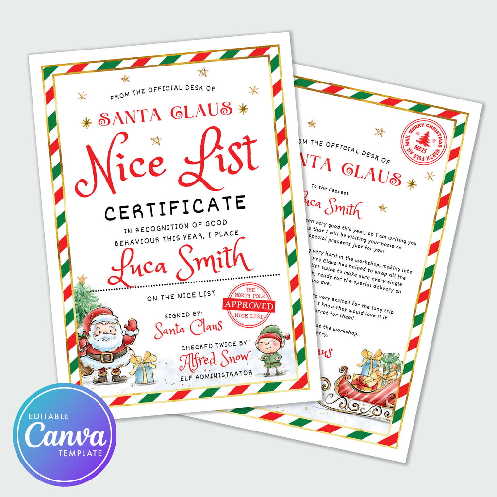 letter from santa and nice list certificate with cartoon santa and elves colourful border
