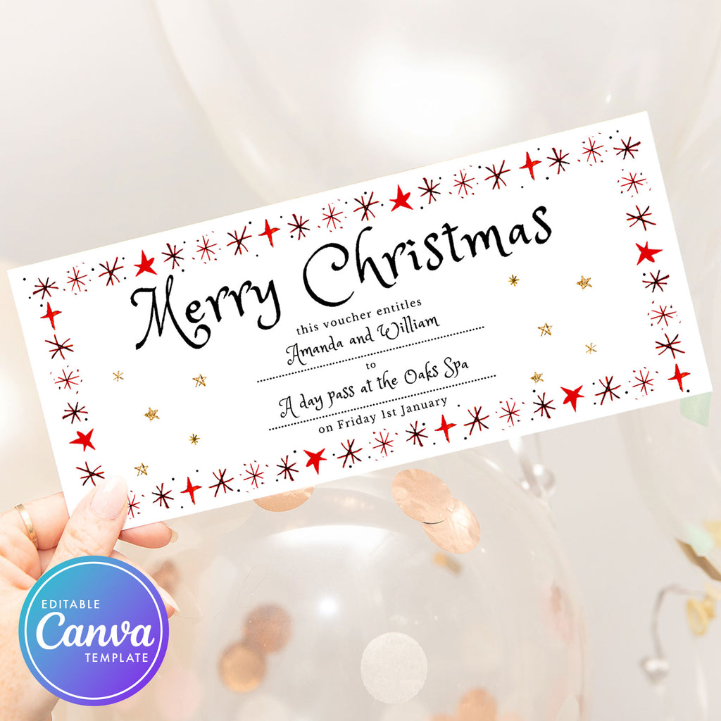 christmas gift voucher template with festive red stars