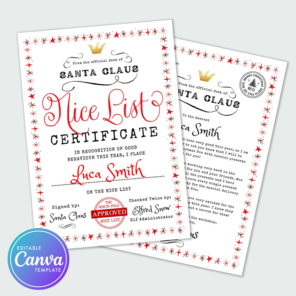 letter from santa claus and nice list certificate with a red stars border