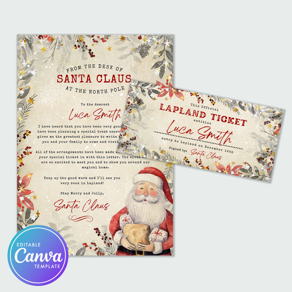 Letter from Santa Claus and Lapland ticket with floral design 