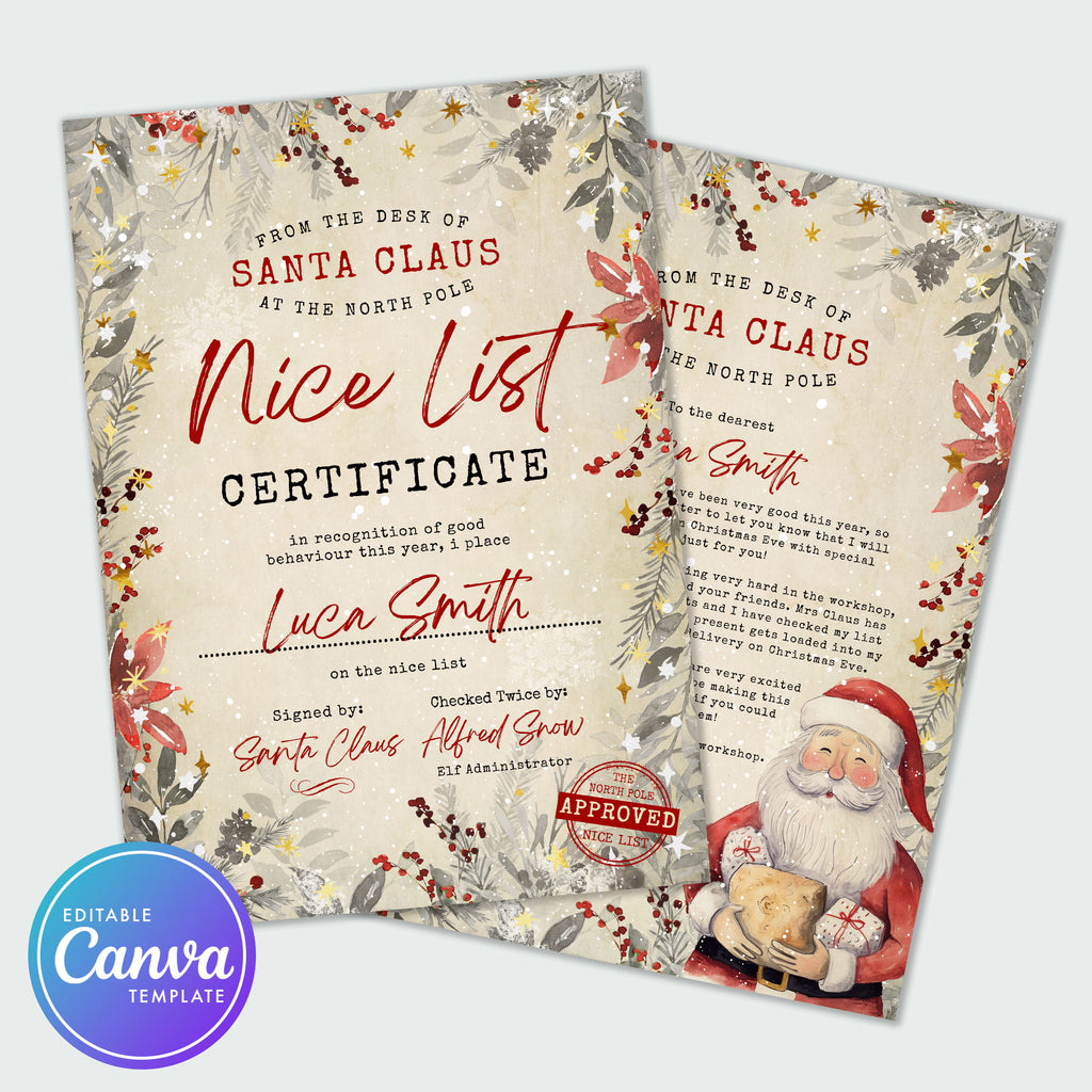 letter to Santa Claus and nice list certificate in a rustic vintage style with floral elements 