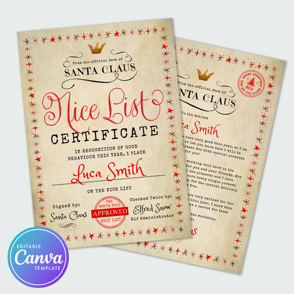 letter from Santa Claus and nice list certificate with a vintage background and red star border