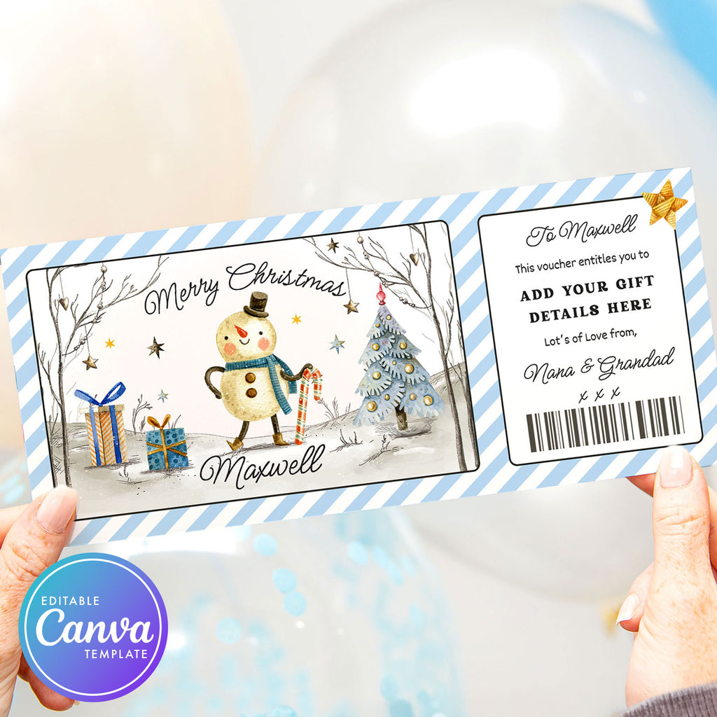 editable christmas gift voucher with a snowman and blue theme