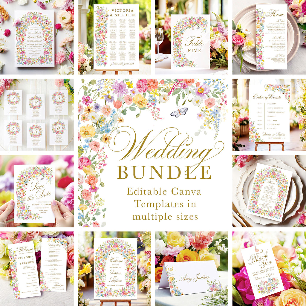digital template bundle for colourful floral wedding stationery