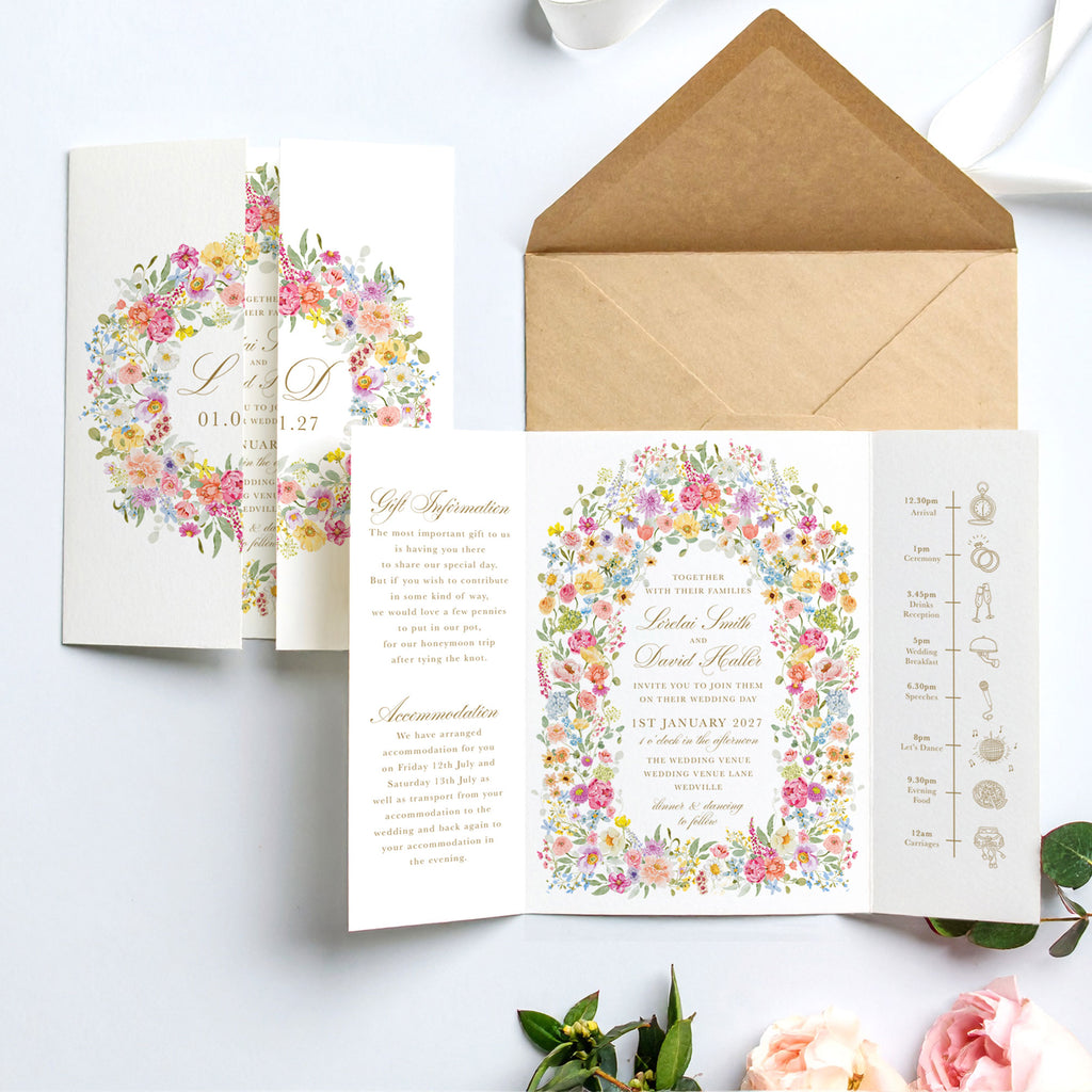 gatefold wedding invite with colourful flowers