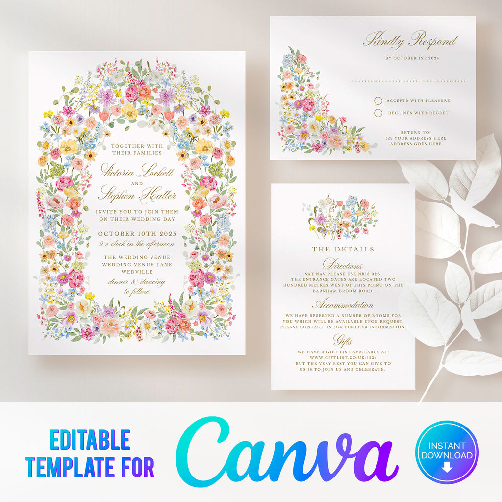 digital download template for a brightly coloured pastel floral invitation 