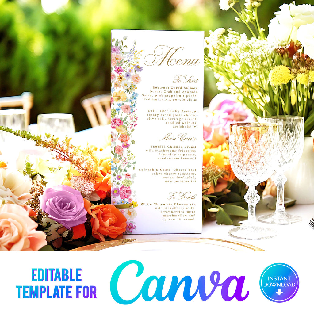 digital template for a wedding menu with colourful flowers and elegant gold text