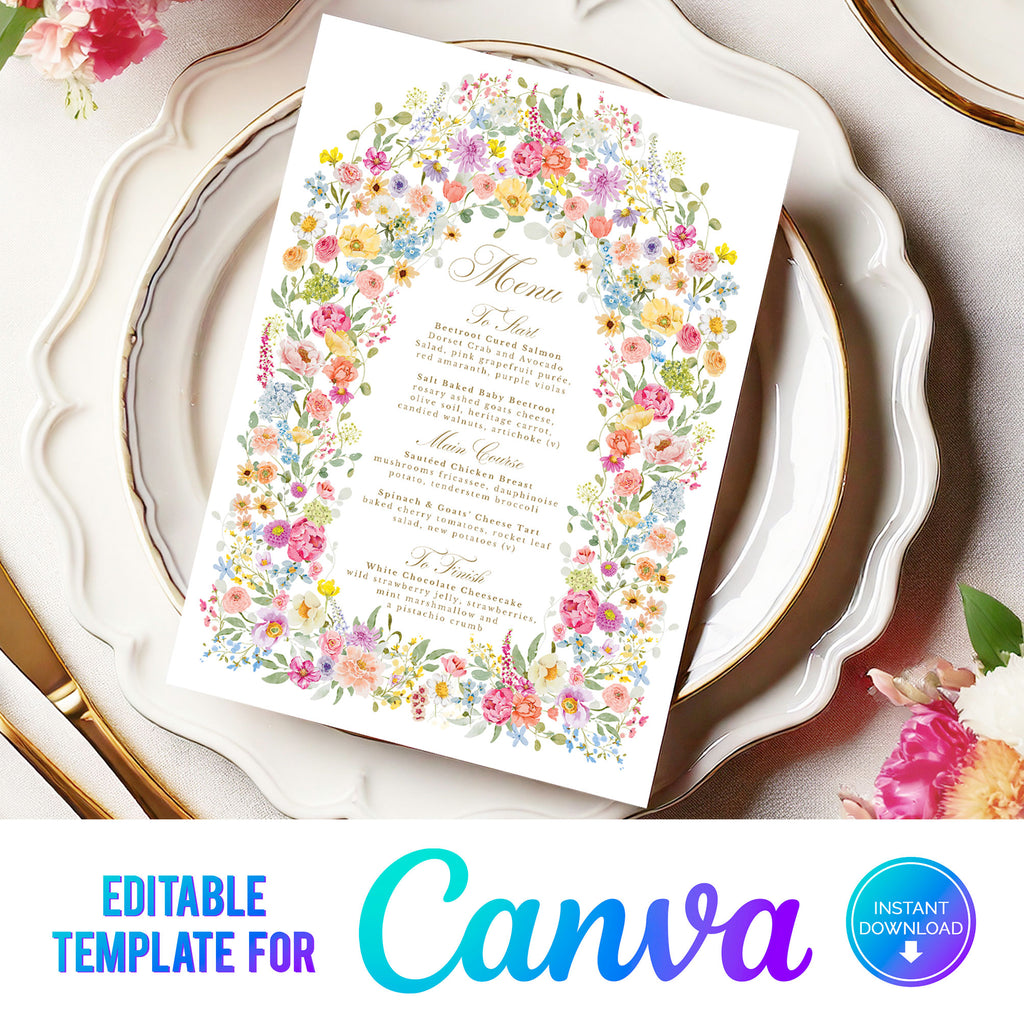 digital template with a colourful floral arch around the wedding menu text