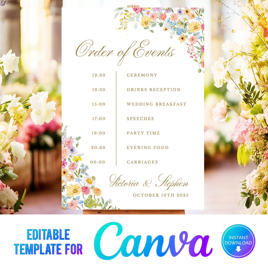 order of events with timeline and colourful flowers