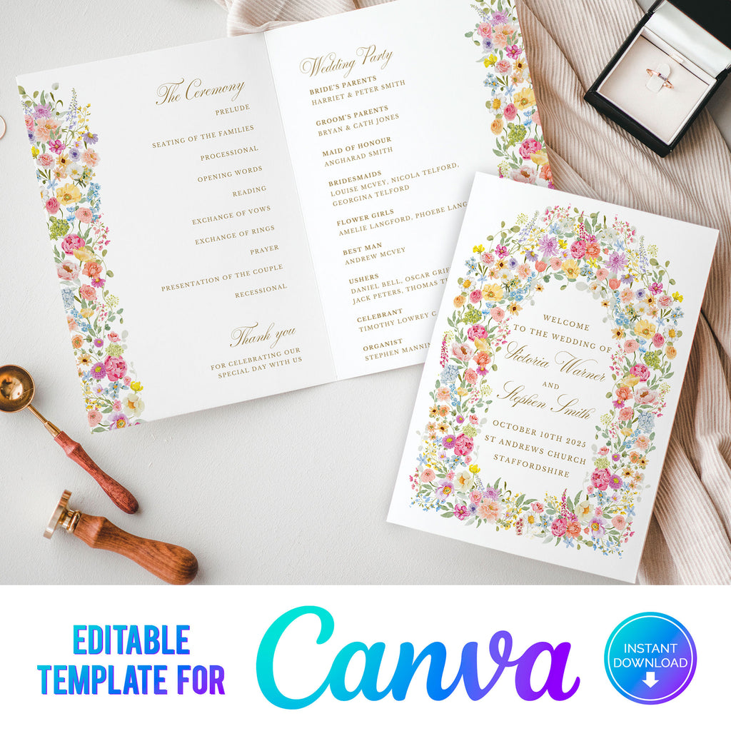 order of service template with brightly coloured elegant flowers