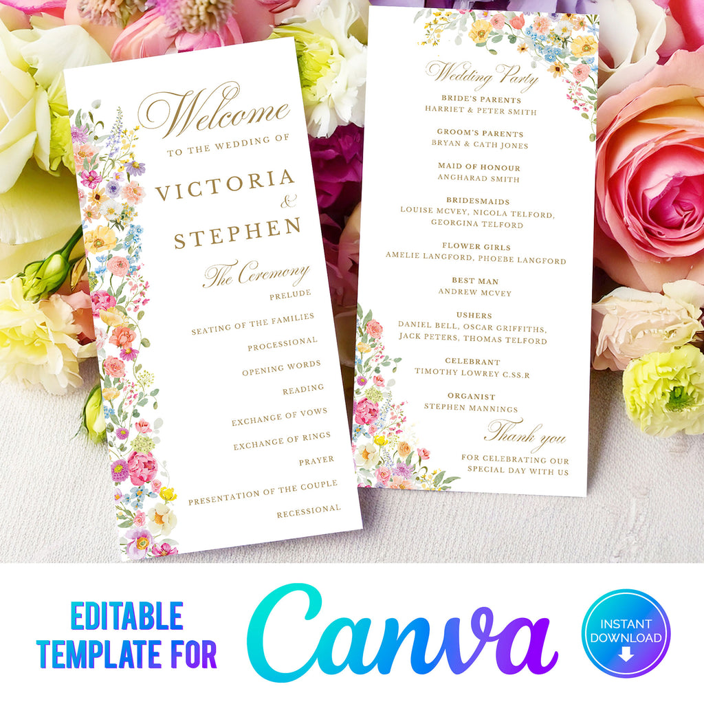 digital download template for a wedding programme with colourful flowers