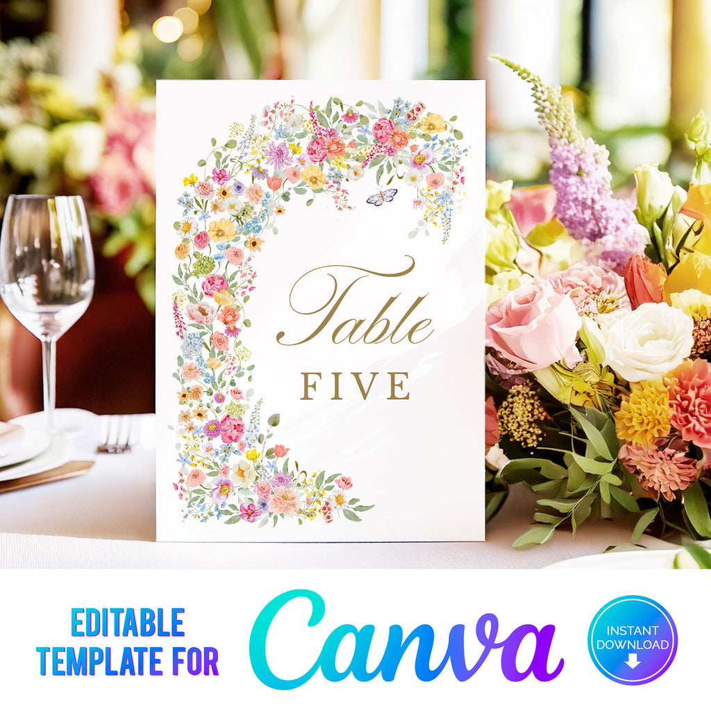 template for wedding table number with brightly coloured flowers