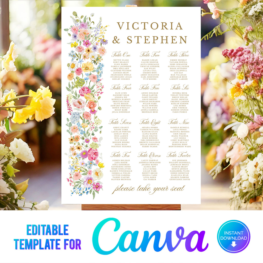 wedding table plan template with brightly coloured flowers 