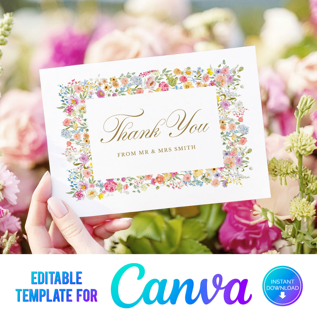 colourful flowers wedding thank you postcard
